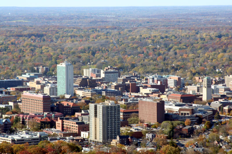 Aerial View of Downtown Ann Arbor and Condo Buildings